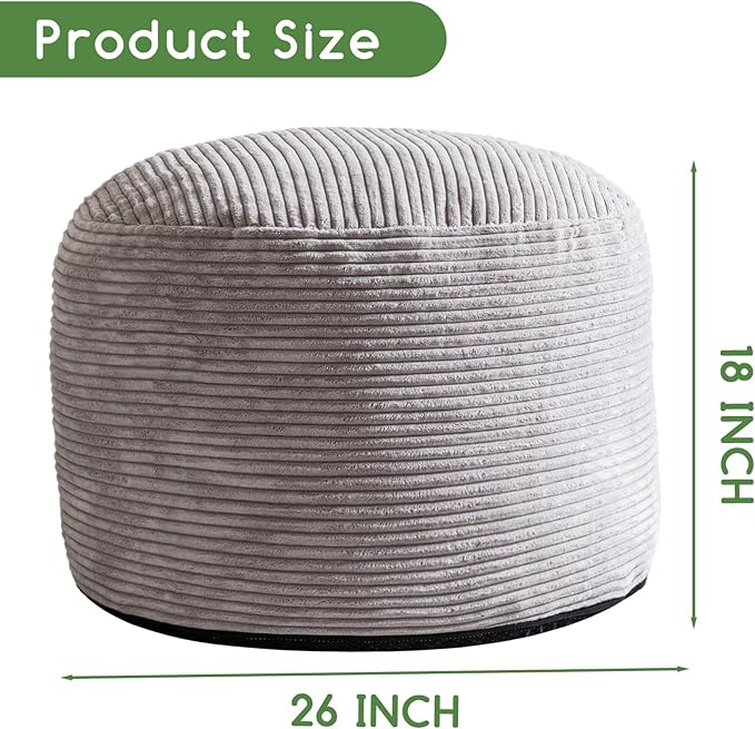 HIGOGOGO Round Stuffed Pouf Ottoman, Corduroy Poufs with Foam Chunk Filling, Furry and Fluffy Pouf Foot Stool Storage Ottoman, 26 X 18 Floor Poufs Foot Rest for Living Room, Grey-Ruum Studio Home