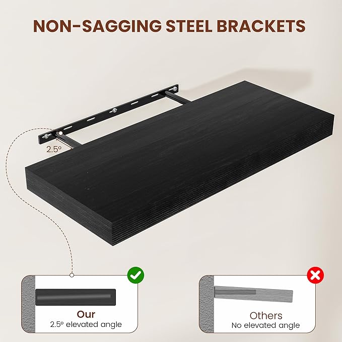 Black Floating Shelves for Wall 55 Inches Long, 12" Deep Wall Shelves 2" Thick, Heavy Duty Shelf for Bedroom, Bathroom, Living Room, Kitchen, Office, Home Decor, Modern Shelf Set of 2, 55" X 12" X 2"-Ruum Studio Home