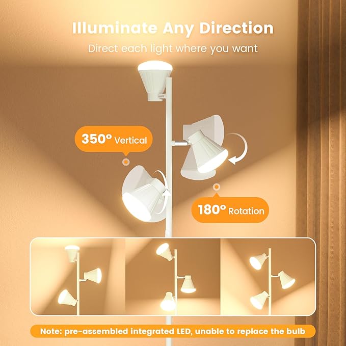 36W LED Tree Floor Lamp, Dimmable Tall Standing Lamp with Remote & Touch Control, 4 Color Temperatures Bright Floor Lamp, 3 Rotatable Light Modern Floor Lamps (White)-Ruum Studio Home