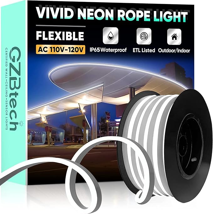GZBtech Flexible LED Neon Rope Lights 16.4FT,AC 110-120V Waterproof Strip Light, 120 LEDs/M Cuttable Connectable Neon Lighting for Indoor Outdoor Home Decor/Commercial Building Use-Cold White 5M-Ruum Studio Home