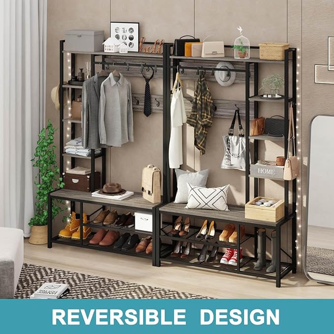 BON AUGURE Hall Tree with Bench and Shoe Storage, Entryway Bench with Coat Rack, Wooden Metal Coat Tree with Hooks, 5 in 1 Multifunctional Shoe Benches and Wall Rack (Dark Gray Oak)-Ruum Studio Home