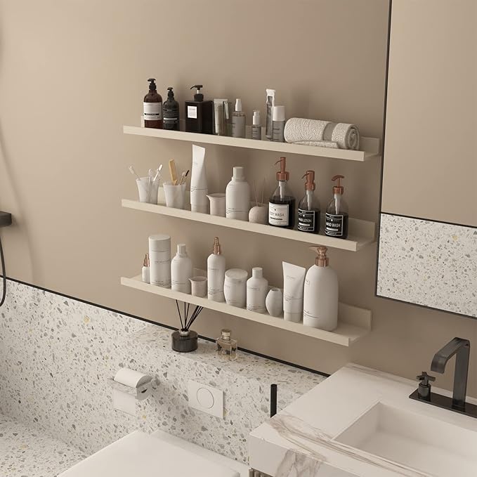 Giftgarden 36 Inch Floating Wall Shelves Creamy White Beige Wood-Grain, Large Picture Ledge Long Wooden Shelfs for Bedroom Living Room Kitchen Bathroom Nursery Office, Set of 3 Different Sizes-Ruum Studio Home