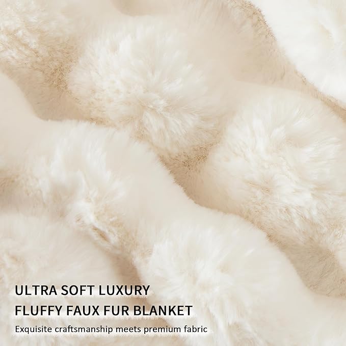 Cozy Faux Fur Throw Blanket for Bed-Warm Fuzzy Throw Blanket, Soft Plush Thick Bubble Blankets for Bedroom and Living Room, Furry Luxury Blanket, 90 x 108, Cream-Ruum Studio Home