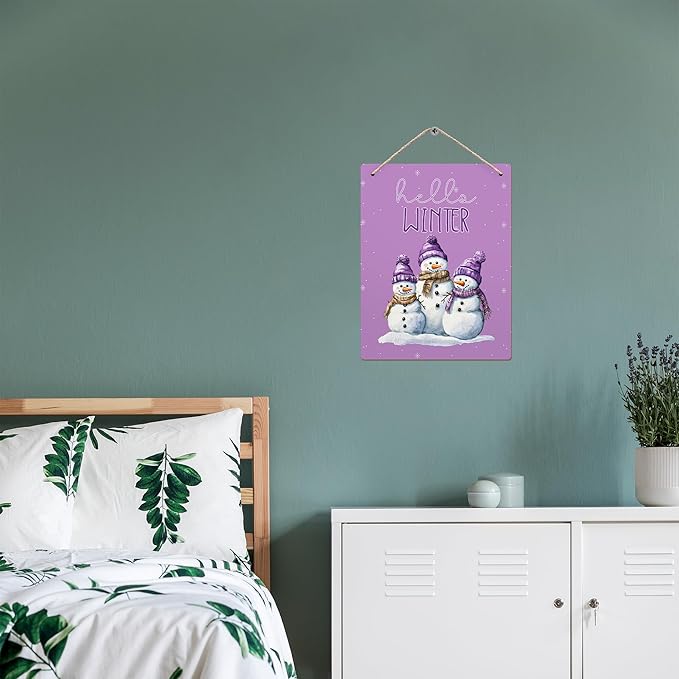 Purple Hello Winter Snowman Hanging Wooden Signs 10x8, Snowman Winter Signs, Winter Door Sign, Purple Snowman Winter Snowflakes Home Room Office Hanging Wall Decor-Ruum Studio Home