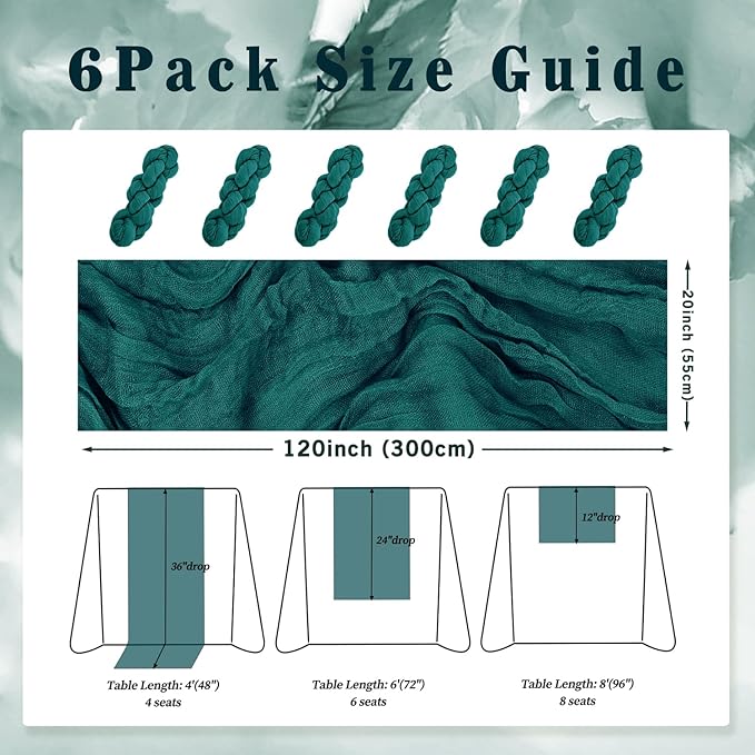 6 Pack Teal 10FT Cheesecloth Table Runner Rustic Gauze Cheese Cloth Table Runner for Wedding Bridal Baby Shower Table Decorations Boho Fabric Sheer Birthday Party Table Decor 20 x 120 Inch Long-Ruum Studio Home