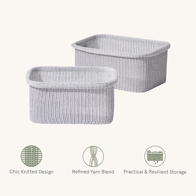 La Jolie Maison Blended Fabric Storage Baskets Set of 2, Rectangle Knitted Baskets for Organizing, Boho Decorative Baskets, Durable Finish, Grey-Ruum Studio Home