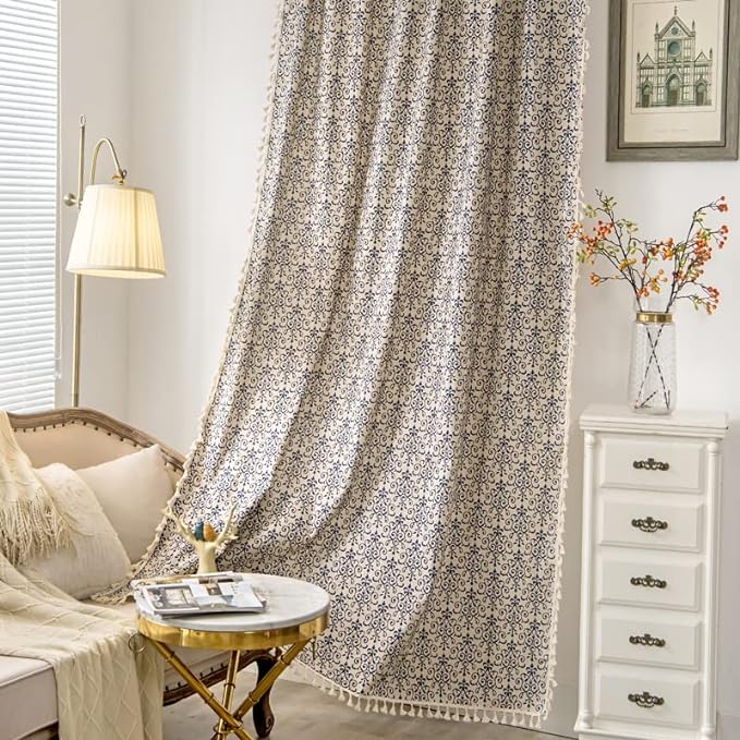 Sutuo Home Boho Curtain 84 Inches Length Semi-Blackout Bohemian Damask Moroccan Florals Print Darkening Curtains Tassels, Rod Pocket Window Treatment Drapes for Bedroom, 1 Panel 59" W x 84" L, Blue-Ruum Studio Home