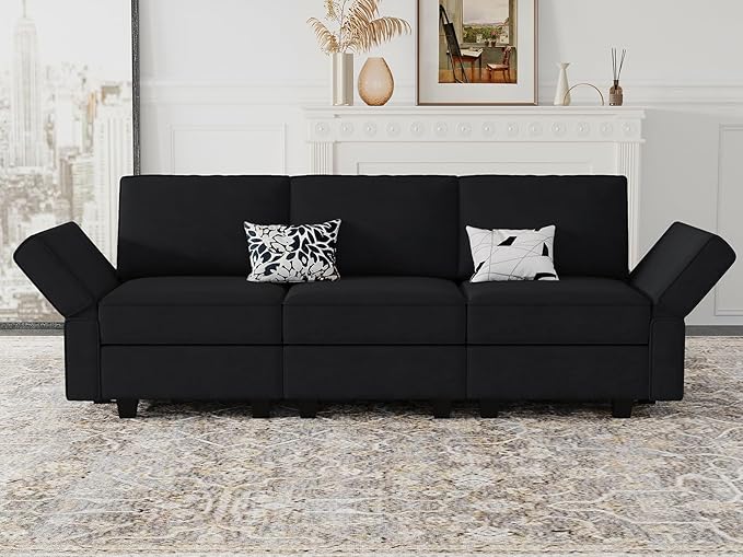 Belffin Modular Sofa Couch with Storage Seats Velvet 3 Seater Sofa for Living Room Black-Ruum Studio Home