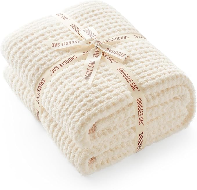 Snuggle Sac Ultra Soft Waffle Throw Blanket for Couch Bed Sofa 50x60 inches, Reversible Cream Blanket Microfiber Fluffy Fuzzy Cozy Knit Throws for Women Mothers Birthday Gifts-Ruum Studio Home