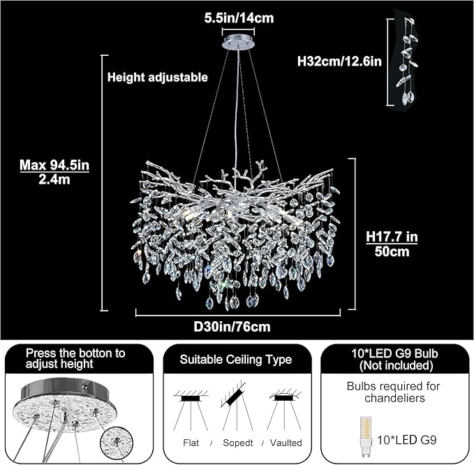 Modern Round Crystal Chandeliers, 30" Crystal Chandeliers for Dining Room,Silver Tree Branches Chandelier, for Living Room,High Ceiling,Foyer,Entryway,Kitchen Island-Ruum Studio Home