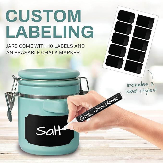 Home Intuition 4-Piece Ceramic Kitchen Canisters Set, Airtight Containers with Wooden Spoons Reusable Chalk Labels and Marker for Sugar, Coffee, Flour, Tea (Turquoise)-Ruum Studio Home