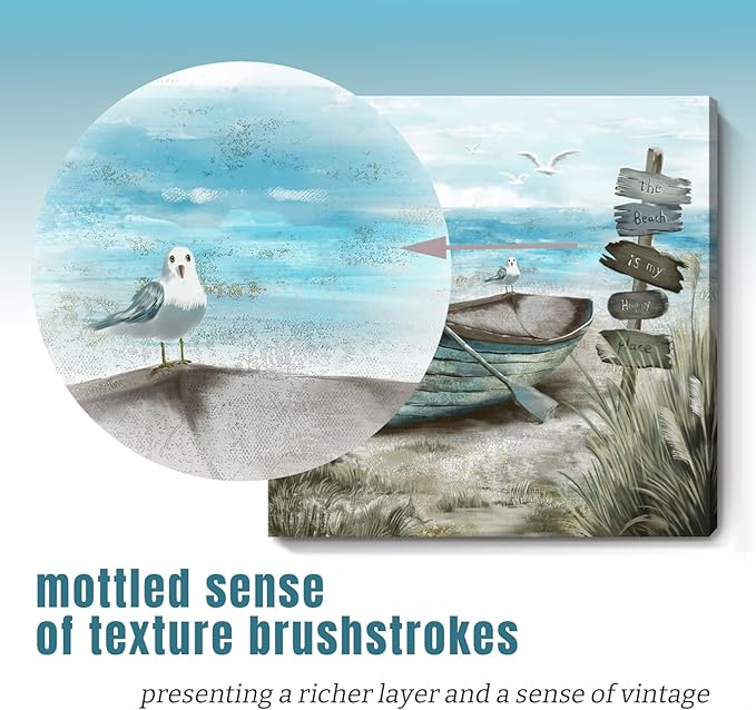 Bathroom Wall Art Coastal Décor Nautical Boat on Beach Canvas Picture Ocean Seagull Seascape Canvas Print Sea Bird Farmhouse Artwork for Seashore Bedroom Living Room Small Square Blue Teal 14x14"-Ruum Studio Home