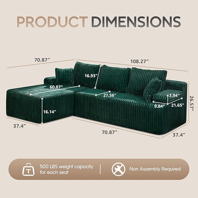 Hobestluk Modular Sectional Sofa Couches 108" L-Shape Couch 3 Seat Modular Sofa Memory Foam Sectional Couches for Living Room, Boneless Couch with Oversized Chaise (Green, Left Facing)-Ruum Studio Home
