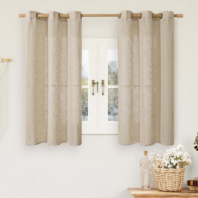 LAMIT Brown Sheer Linen Curtains 48 inches Length 2 Panels, Short Light Filtering Linen Textured Curtains for Kitchen/Window/Cafe/Loft Room, 34 x 48 Inch-Ruum Studio Home