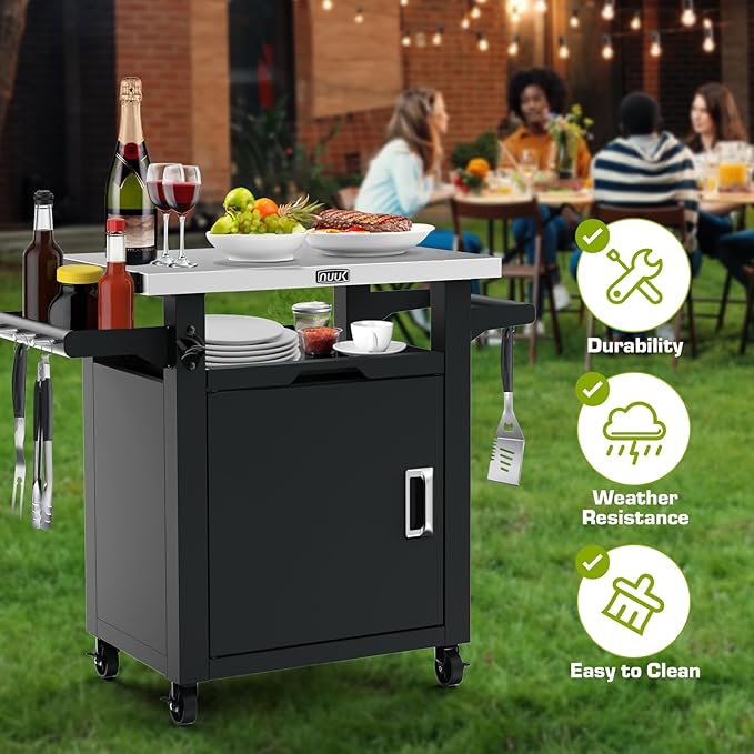 NUUK Grill Carts Outdoor with Enclosed Cabinet and Storage Drawer, Portable Patio Bar Cart with Wheels Stainless Steel Kitchen Storage Island 20" x 30" Rolling Prep Station for BBQ, Deck, Backyard-Ruum Studio Home