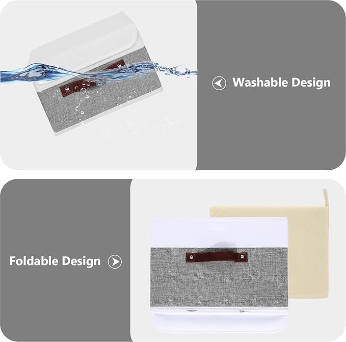 ANMINY 4PCS Storage Boxes with Lid Washable Decorative Storage Bins Basket with PU Leather Handle Foldable Linen Fabric Storage Cubes Containers for Home Closet Organizer - Gray White, Large Size-Ruum Studio Home