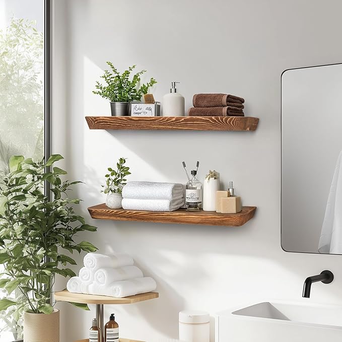 24"x6.8"x1.6" Slanted Floating Wall Shelves 2-Pack - Rustic Brown Finish, Heavy-Duty Solid Wood Design with Hidden Brackets - Perfect for Living Room, Kitchen, Bathroom, or Office-Ruum Studio Home