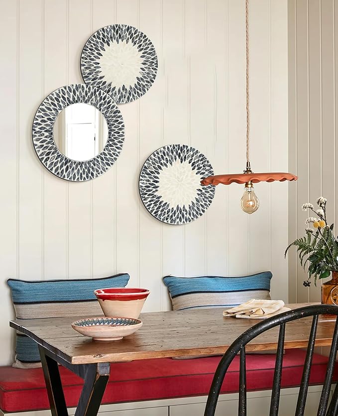 Natural Mother of Pearl Mirror Wall Decor for Bedroom Bathroom, 3PCS Geometric Wall Art Modern Home Office, Handmade Mosaic Art Circle Sculptures for Kitchen Living Dining Room (Black White)-Ruum Studio Home