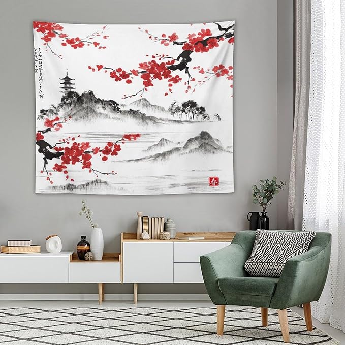 Cherry Blossoms Tapestry, Japanese Fuji Mountain Tapestry, Asian Japanese Wall Tapestry, Nature Landscape Tapestries for Bedroom Living Room Decor 60"x50"-Ruum Studio Home