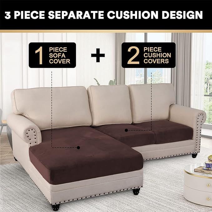 PrinceDeco Sectional Couch Covers 3 Pieces Velvet Sofa Covers L Shape Soft Couch Covers for Sectional Sofa Corner Sofa Cover Couch Cover for Dogs Washable (2 Seater + 1 Chaise,Brown)-Ruum Studio Home