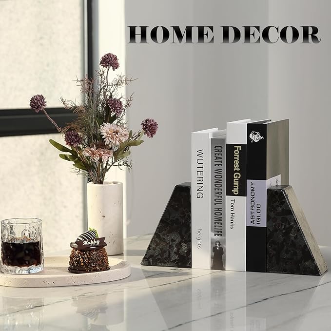 Marble Bookend for Heavy Books, Decorative Bookends for Shelves, Durable and Heavy-Duty Book End for Hardback Book & CDS, Unique Book Stopper & Holder, Meteorus, Set of 2-Ruum Studio Home