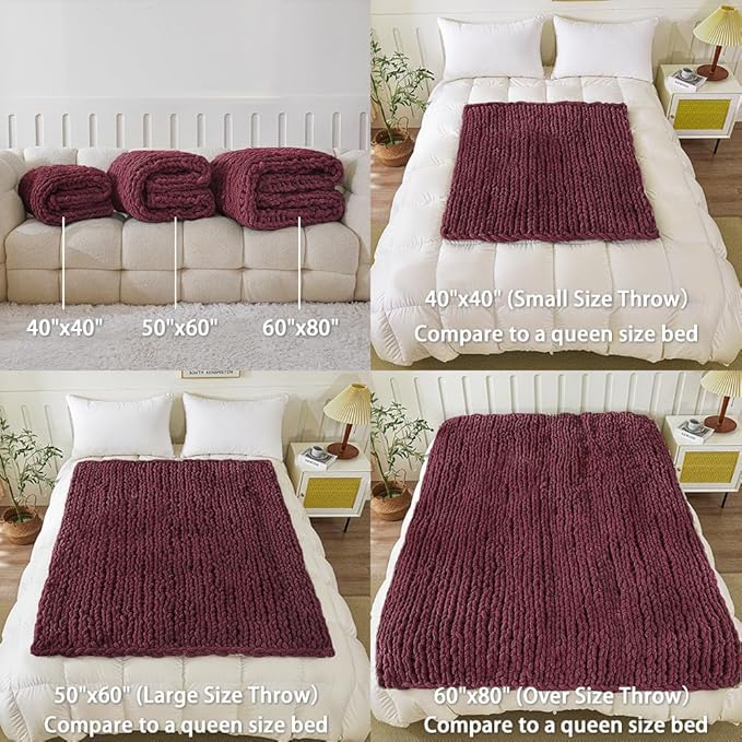 WESHIONGOO Chunky Knit Blanket Throw 50"×60" Knitted Throw Blankets for Couch Bed Fluffy Soft Blanket with Jumbo Chenille Yarn Thick 100% Handmade(Burgundy Red)-Ruum Studio Home