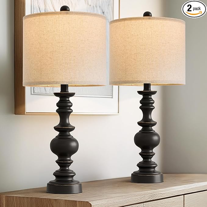 BOBOMOMO 24" Traditional Farmhouse Table Lamp Set of 2, Vintage Resin Lamps for Living Room Bedroom, Rustic Nightstand Lamp with Linen Shades, Retro Black Table Lamps for Living Room, Bedroom, Office-Ruum Studio Home