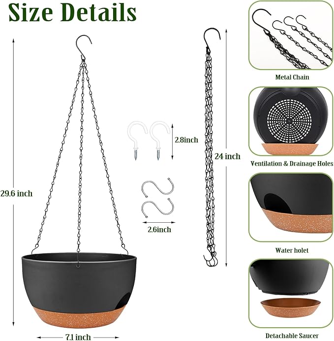 Hanging Planters for Outdoor Indoor Plants, 2 Pack 12 Inch Hanging Basket Plants Outdoor, Self Watering Hanging Planter with Plant Hanger for Garden Home Decoration (Black)-Ruum Studio Home
