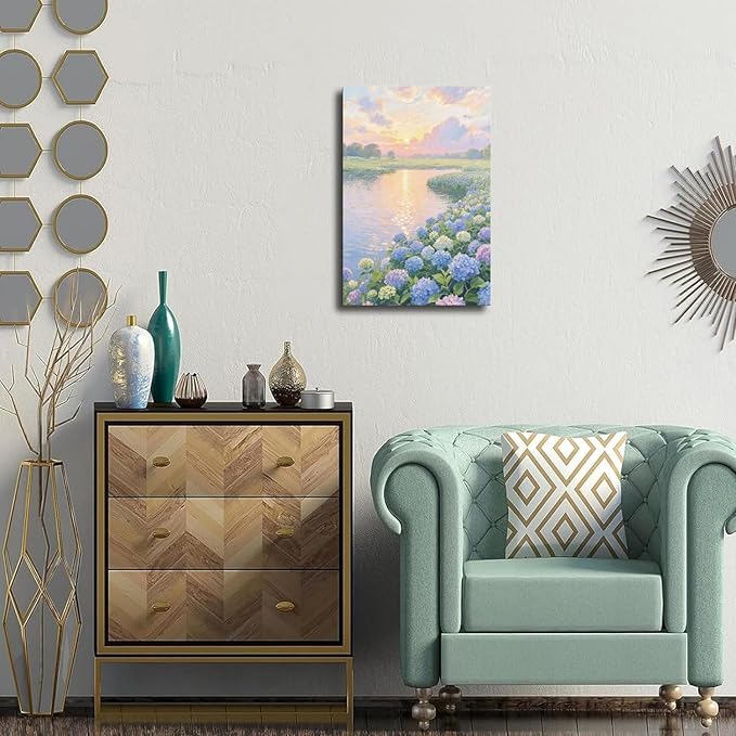 The hydrangea scenery all over the lake at sunset is suitable for posting in the living room bedroom office landscape poster wall painting-Ruum Studio Home