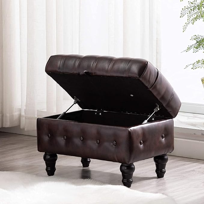 Artechworks Coffee Table Ottoman with Storage,Button Tufted PU Leather Upholstery Footstool Bed Ottoman for Living Room, Home Office, Space-Saving Storage Toy Box Stool, Brown-Ruum Studio Home
