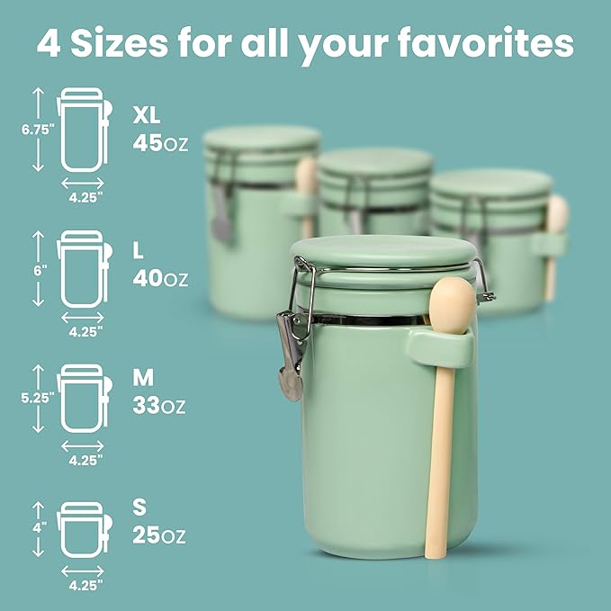 Home Intuition 4-Piece Ceramic Kitchen Canisters Set, Airtight Containers with Wooden Spoons Reusable Chalk Labels and Marker for Sugar, Coffee, Flour, Tea (Mint)-Ruum Studio Home