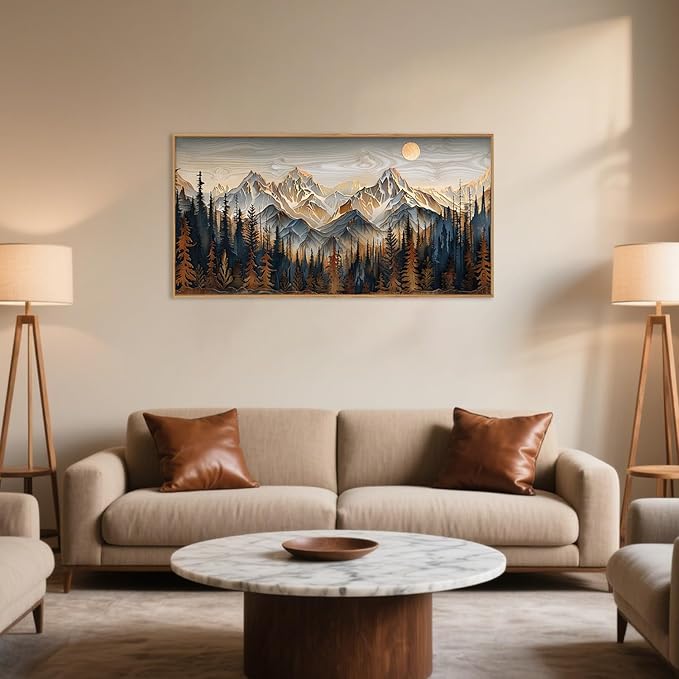 Celestdeco Wood Mountain Framed Canvas Wall Art Set, Pine Trees Wall Painting, Ridge Scenery Wall Decor, Natural Sun Landscape Art Print for Living Room, Bedroom, Dining Room, Office - 20"x40"x1-Ruum Studio Home