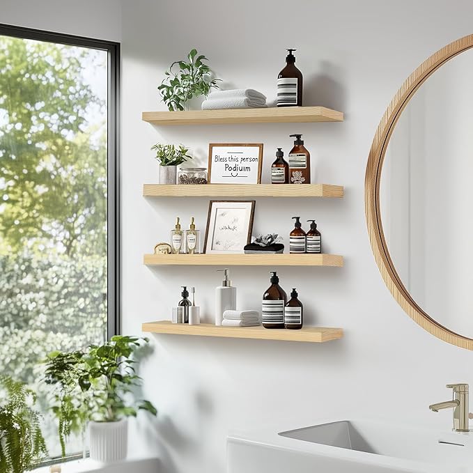 Floating Wall Shelves 4-Pack - Rustic Wood 16-inch Wooden Wall Shelves for Storage and Décor, Multi-Functional and Easy to Install for Living Room, Bedroom, and Kitchen-Ruum Studio Home