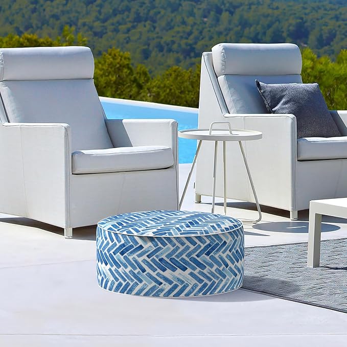 LVTXIII Indoor/Outdoor Inflatable Ottoman, All Weather Round Footrest Stool D21”x H9”, Portable for Patio Garden Camping or Home-Blue Bricks-Ruum Studio Home