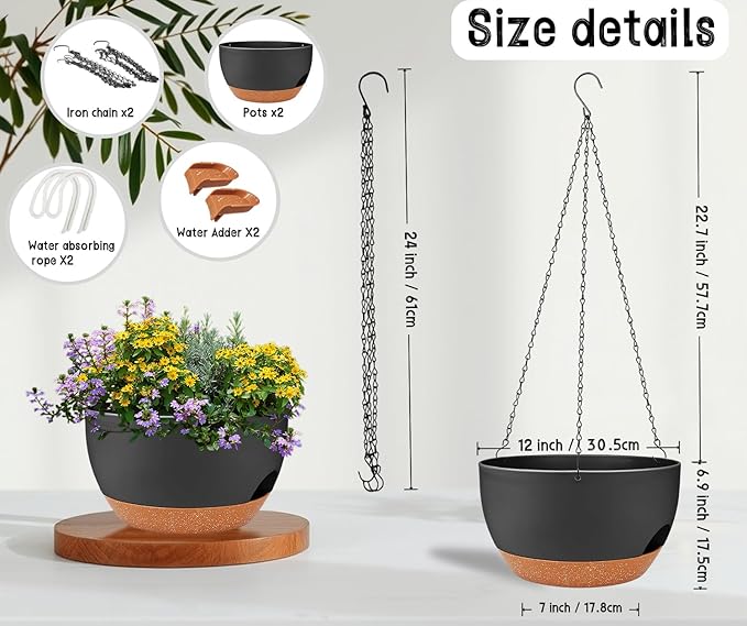 2 Pack 12 Inch Large Hanging Planters with Chains Self Watering Black Brown Plastic Hanging Pots for Indoor Outdoor Plants, Garden Porch Home Decor，Black Brown-Ruum Studio Home