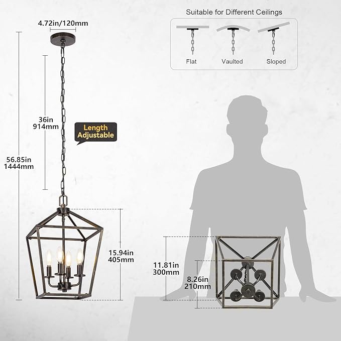 4 Light Chandelier Lighting, Industrial Ceiling Light Black Lantern with Brushed Gold, Geometric Metal Hanging Light Fixture with Adjustable Chain, E12 Base for Entryway Kitchen Island, Indoor Use-Ruum Studio Home