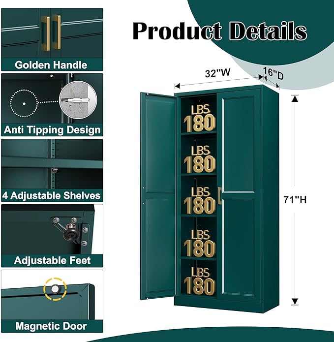 Kitchen Pantry Cabinet,71”Green Metal Pantry Storage Cabinets with Doors and 4 Adjustable Shelves,Kitchen Cabinet with 2 Gold Handles,Tall Cabinet for Livingroom, Bathroom-Ruum Studio Home