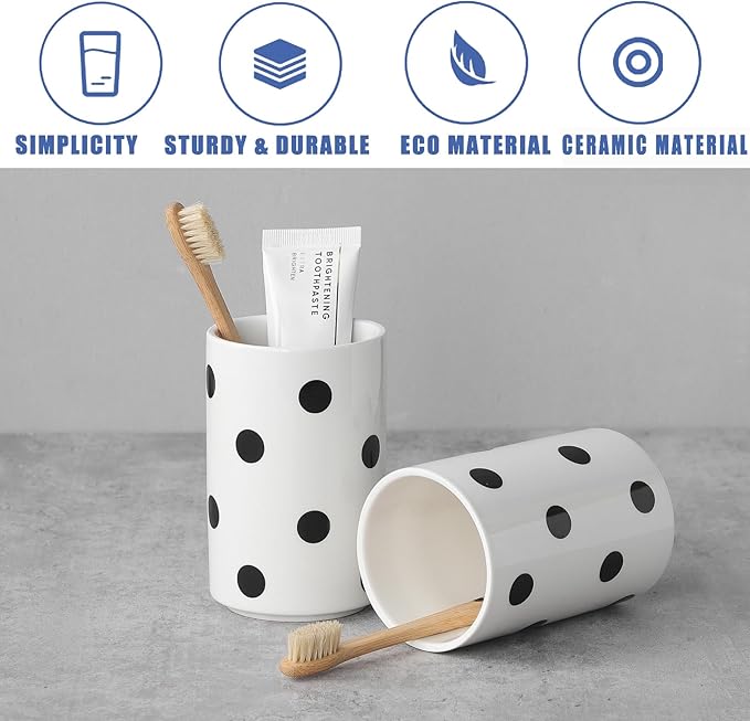Black Polka Dot Ceramic Toothbrush Holders White - 2 Cups Toothbrush Holders for Bathrooms Toothbrush Toothpaste Holders, White Bathroom Tumbler Cups, Reusable Toothbrush Cups-Ruum Studio Home