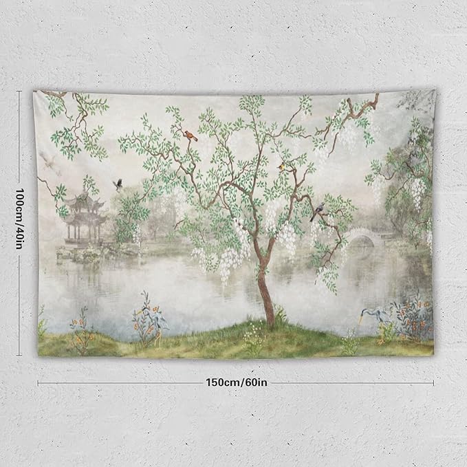 HZOHNAGO Japanese Tapestry Tree Misty Garden Lake Printed Wall Tapestry Ink Painting Wall Hanging for Bedroom Living Room Dorm 60" W x 40" H-Ruum Studio Home