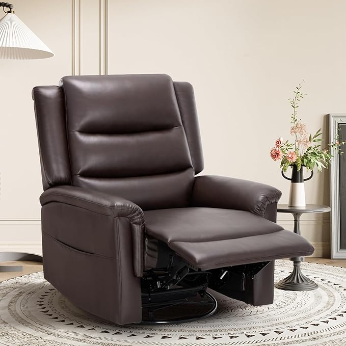 COLAMY Oversized Leather Recliner Chair, 360°Swivel Rocking Manual Recliner with Thick Cushioned Padding Backrest and Wide Seat - Darkbrown-Ruum Studio Home