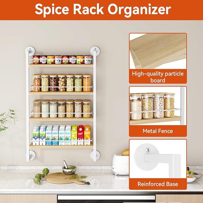 IBUYKE Spice Rack Wall Mount,4 Tier Hanging Seasoning Organizer,Spice Rack for Wall for up to 50 Jars,Spice Organization for Kitchen Cabinet,Living Room,Bathroom,Pantry,Natural TLJ016R-Ruum Studio Home