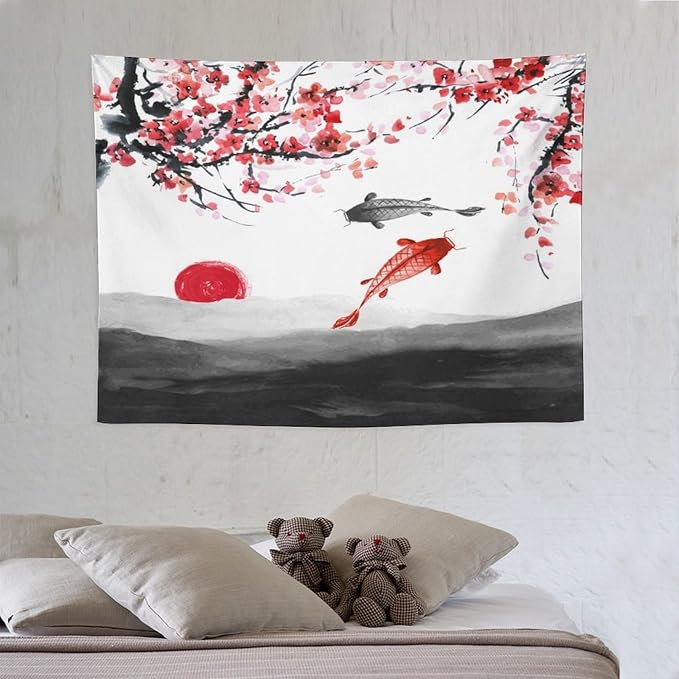 Japanese Koi Fish Tapestries, Cherry Blossoms Asian Oriental Flower Branch Koi Fish Carp Tapestry Wall Hanging for Bedroom Living Room Office Decor 40"x30"-Ruum Studio Home