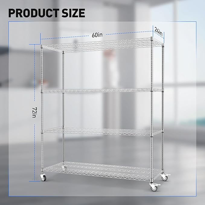Rengue Wire Shelving with Wheels, 60"x 24"x72" Metal Storage Shelves, 4-Tier Heavy Duty Garage Storage Shelves, Chrome 2400LBS Capacity Wire Shelf Rack for Restaurant, Garage, Pantry, Kitchen-Ruum Studio Home