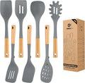 Silicone Kitchen Utensil Set for Non Stick Cookware, 7 Pcs Heat Resistant Cooking Utensils with Wooden Handle, BPA Free Kitchen Tools with Spatulas, Spoons, Skimmer and Pasta Fork (GRAY)-Ruum Studio Home