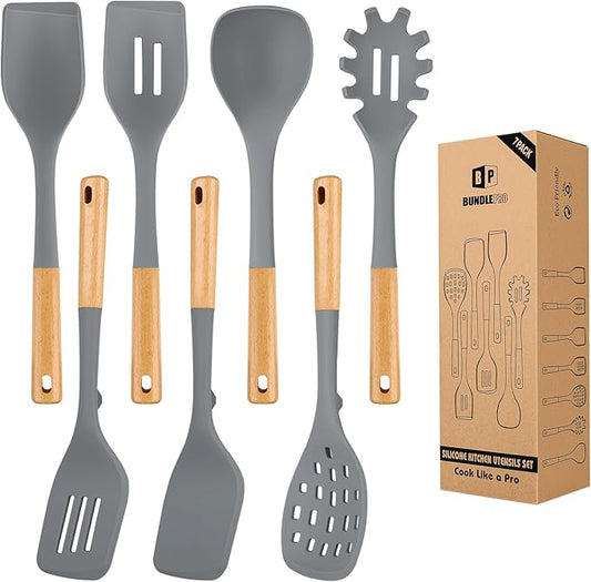 Silicone Kitchen Utensil Set for Non Stick Cookware, 7 Pcs Heat Resistant Cooking Utensils with Wooden Handle, BPA Free Kitchen Tools with Spatulas, Spoons, Skimmer and Pasta Fork (GRAY)-Ruum Studio Home