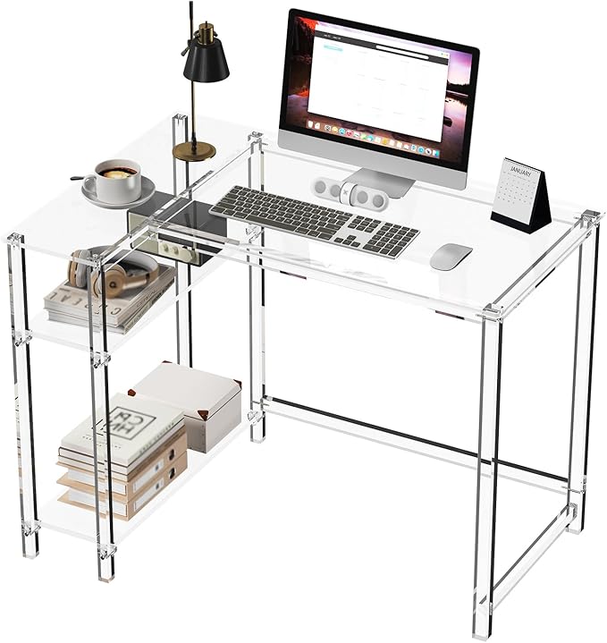 Eglaf Acrylic L-Shaped Desk - Clear Desk with Reversible Storage Shelves - Modern Home Office Desk Corner Desk for Study, Writing, Rectangular Legs, Easy Assembly, 39.4" L x 27''W x 29.5" H-Ruum Studio Home