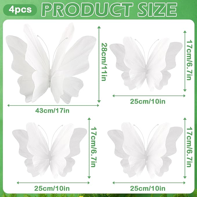 SUNBEAUTY Large Butterfly Party Decorations, 3D White Paper Butterflies Wedding Decoration, Hanging Butterflies for Baby Shower Decorations Girls, Women, Paper Flowers for Wall Decoration, Set of 4-Ruum Studio Home