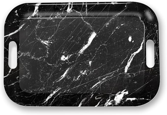 Serving Trays with Handles, 14.5 x 9.8 inch Rectangular Plastic Tray for Restaurant, Kitchen, Black Marble-Ruum Studio Home