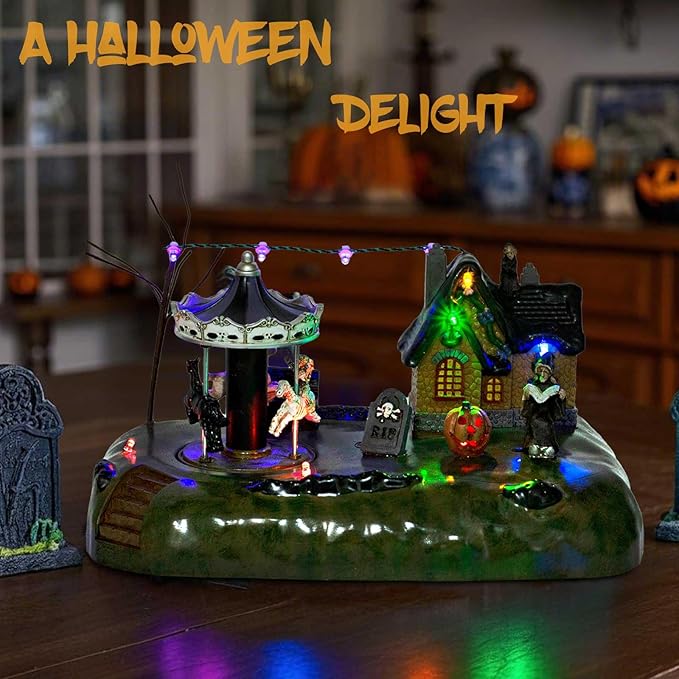 Animated Halloween Carousel Village House, LED Spooky Festival Display Collection Battery Operate, Indoor Use only-Ruum Studio Home