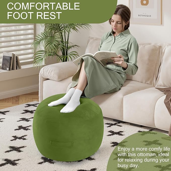 MeMoreCool Round Stuffed Pouf Ottoman Foot Rest, Floor Pouf Foot Stool with Soft Foam Chunk Filling, Small Round Ottoman Footstool Circle Footrest for Living Room, Green-Ruum Studio Home